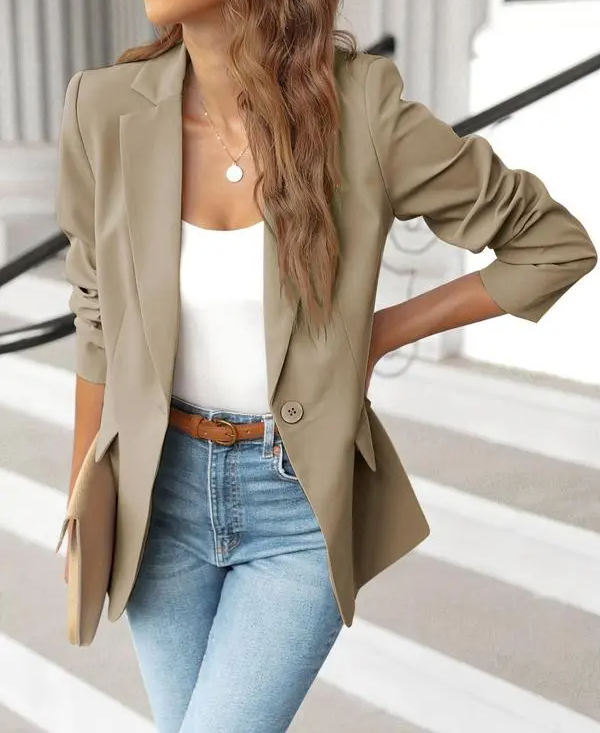 Women's Minimalist Solid Button Lapel Collar Blazer for Spring